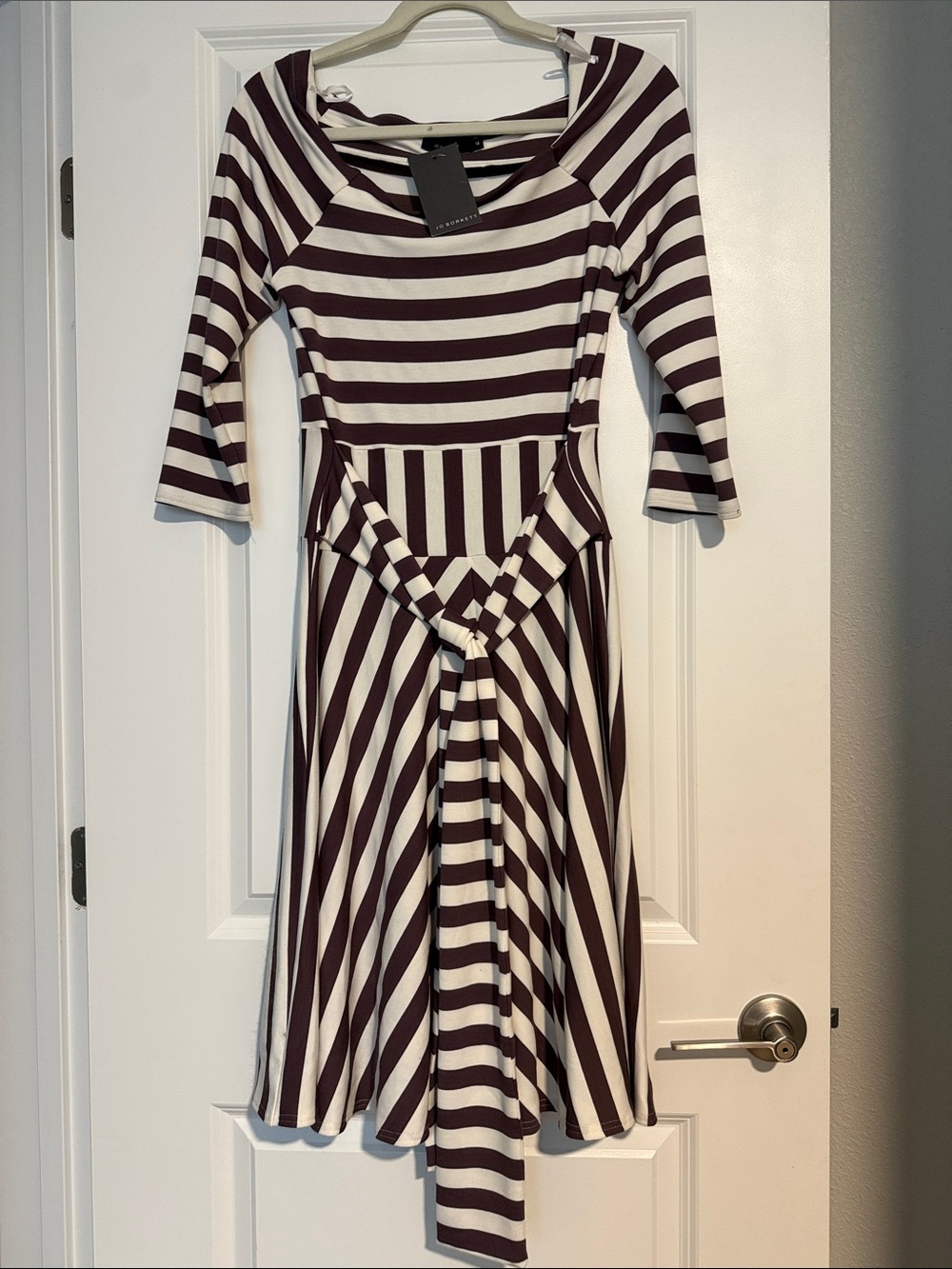 Striped Midi Dress with Waist Tie in Cream and Dark Brown — Women